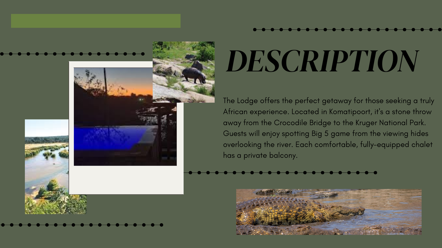 Ngwenya Lodge 21-25 September 2026 ( 4 adult 2 kids )